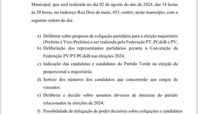Sebastião Laranjeiras: Partido (PV) realiza convenção municipal nesta sexta-feira (02/08)
